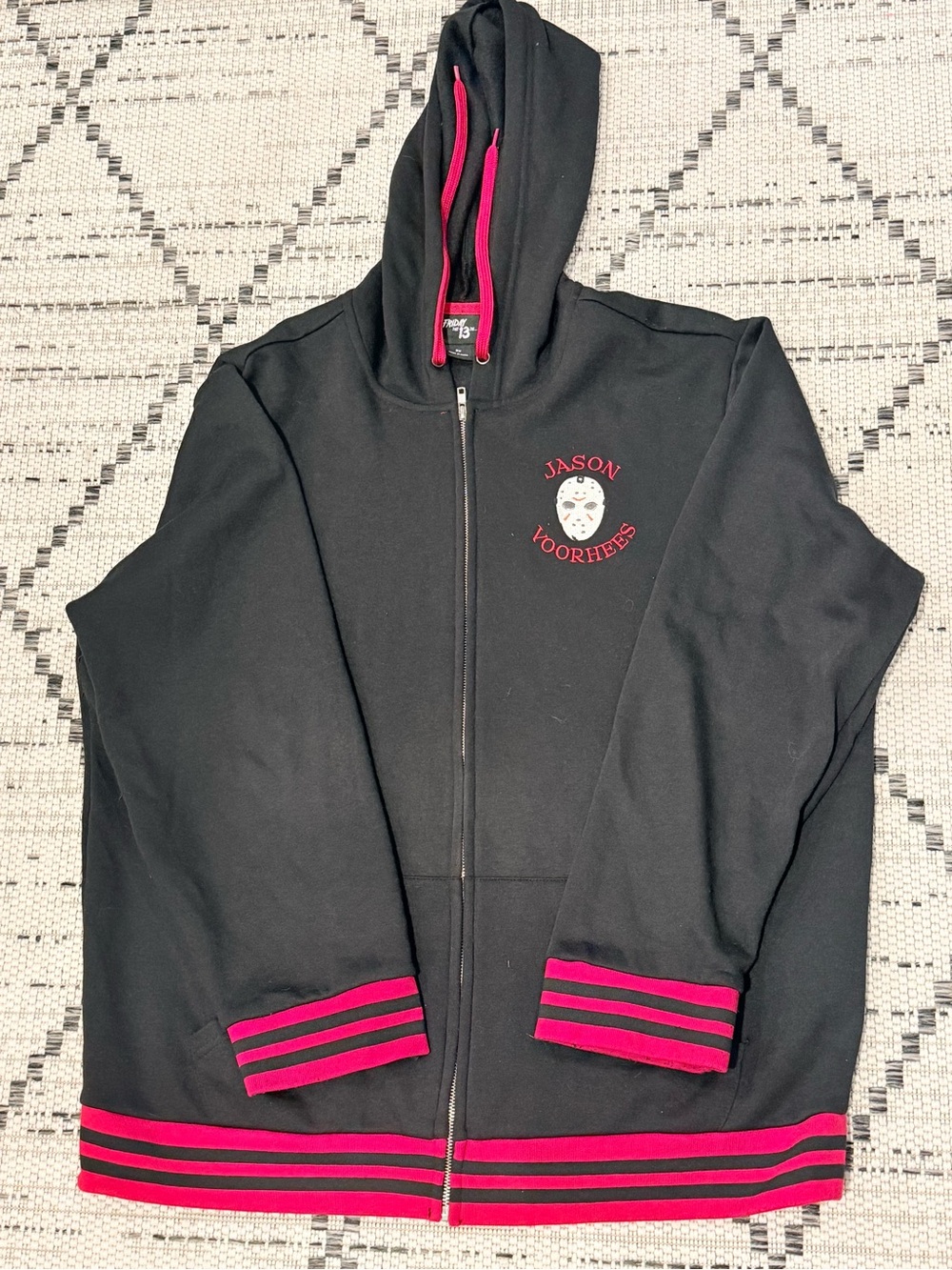 Black & Pink Zip-Up Hoodie Jacket with Graphic Chest